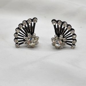 Vintage 1950's Coro Clip-on Fan Earrings Black Enamel & Rhinestone